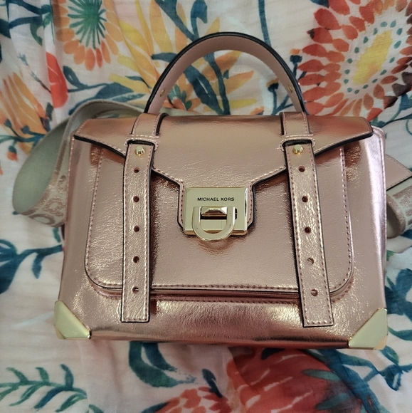 Michael Kors Manhattan Medium Leather Satchel Metallic Rose Gold GUC ORIG $598 - Picture 2 of 9